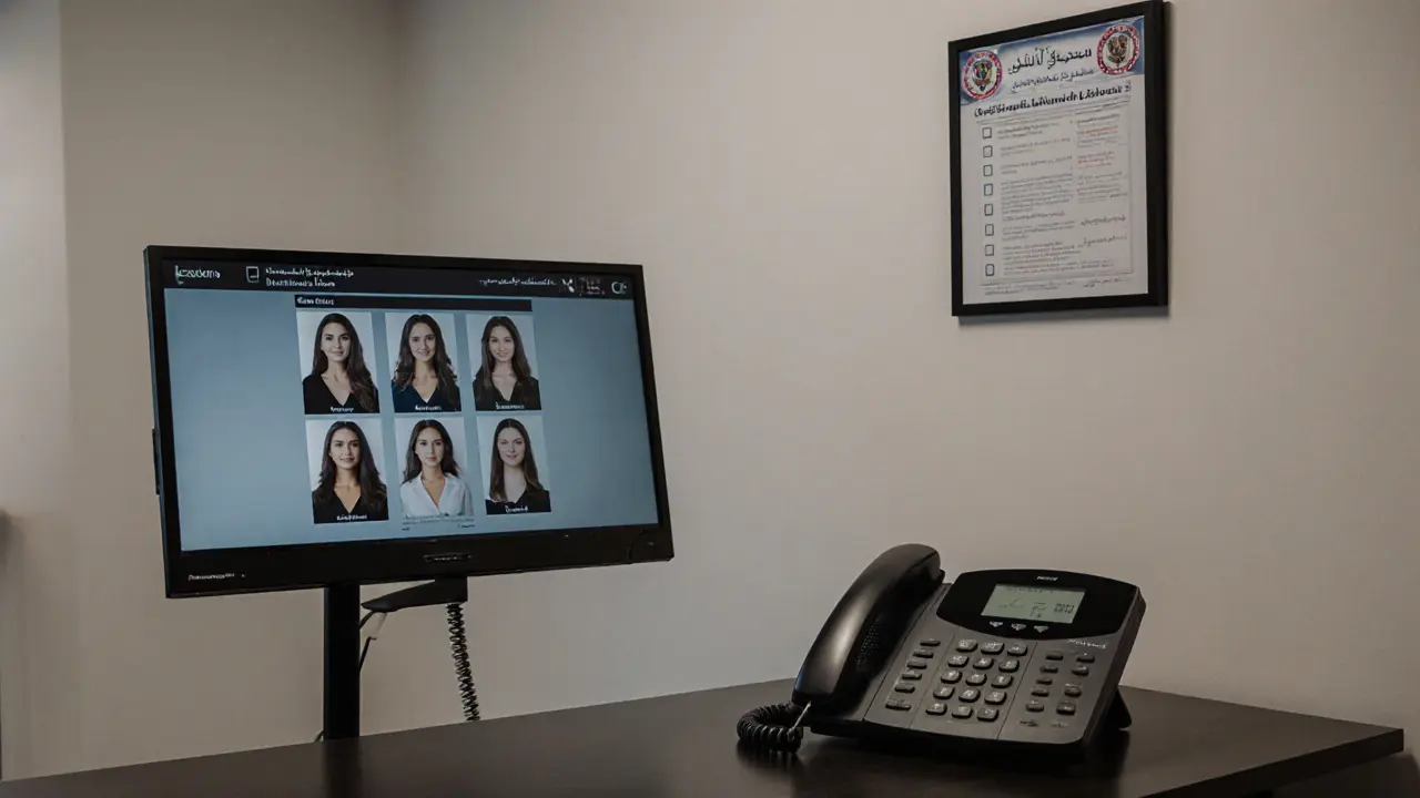 A modern agency office in Abu Dhabi with a digital profile screen, landline phone, and official tourism license displayed on the wall.