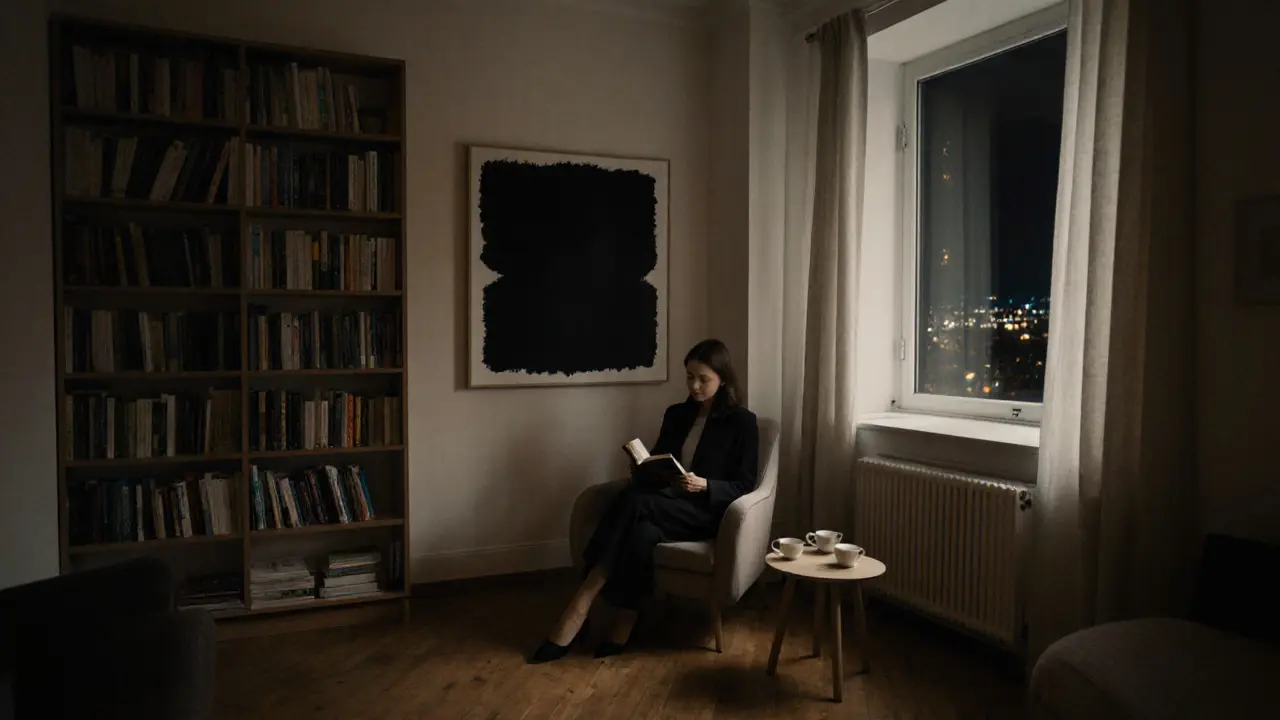 A serene minimalist apartment in Mitte with bookshelves and a woman reading by the window, bathed in soft evening light.