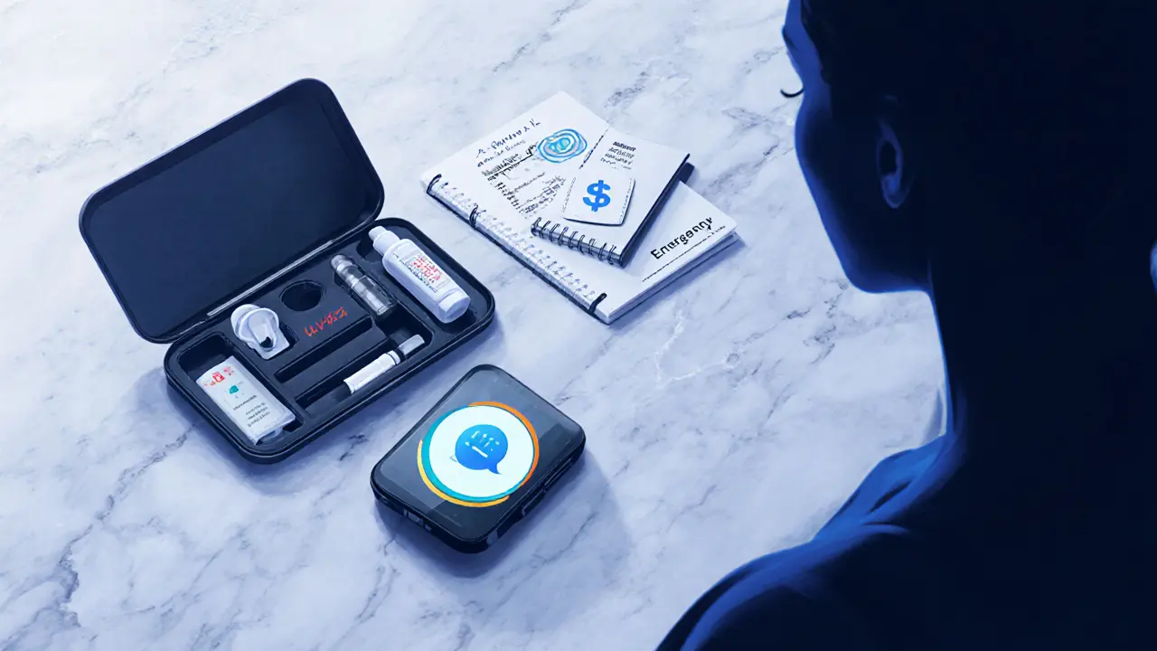A sleek montage of safety tools—encrypted phone, discreet kit, and financial notes—symbolizing escort security.