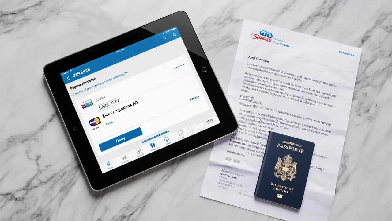 A tablet showing a secure payment confirmation to a verified Abu Dhabi escort agency, with passport ID and email confirmation beside it.
