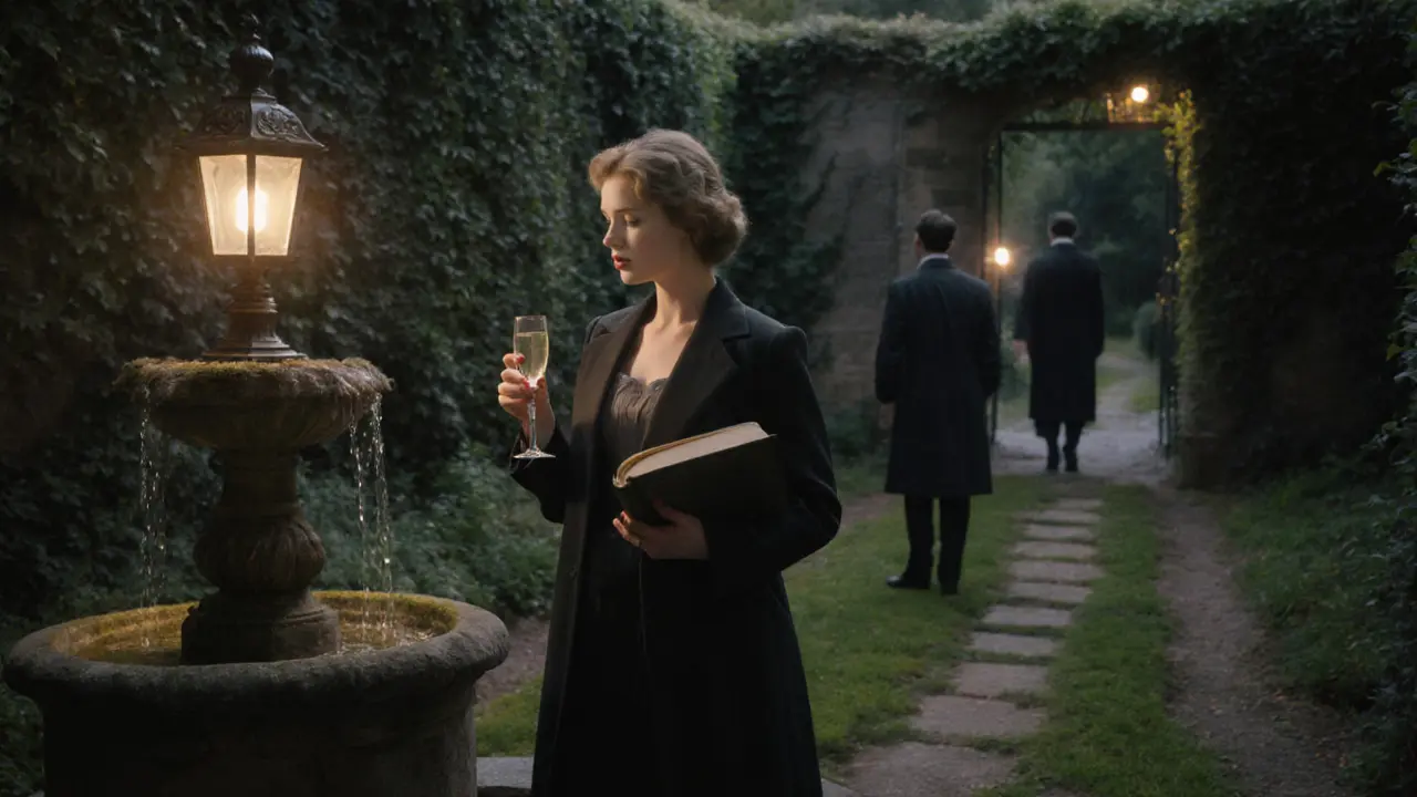 A woman standing in a private garden in Charlottenburg with a book and champagne, lantern light glowing softly around her.