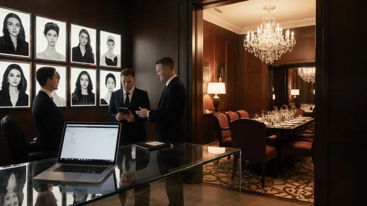 An upscale agency office and a luxury hotel suite meeting, showing professional staff and elegant décor.