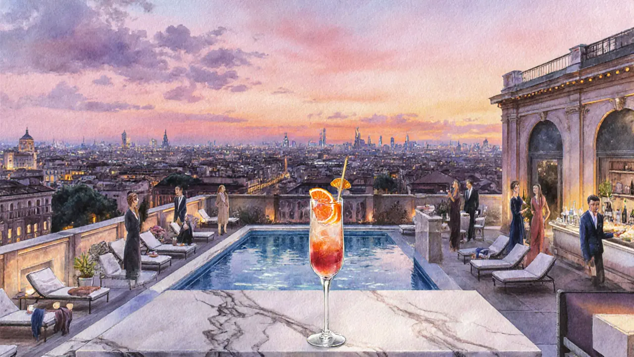 Ceresio 7 rooftop poolside lounge with sunset cocktail and city lights.