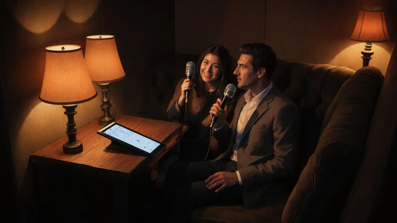 Couple enjoys a duet in a private karaoke booth with a touchscreen.