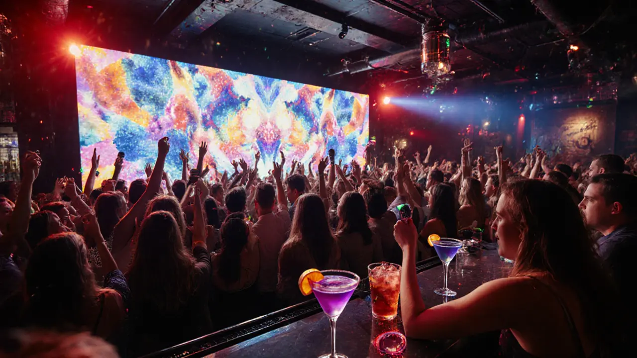 Crowd sings under a huge LED screen at Sing City club in Camden.