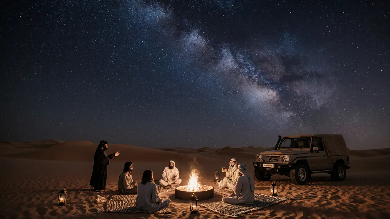 Desert camp under stars with firepit, guests seated around storyteller, no artificial lights.