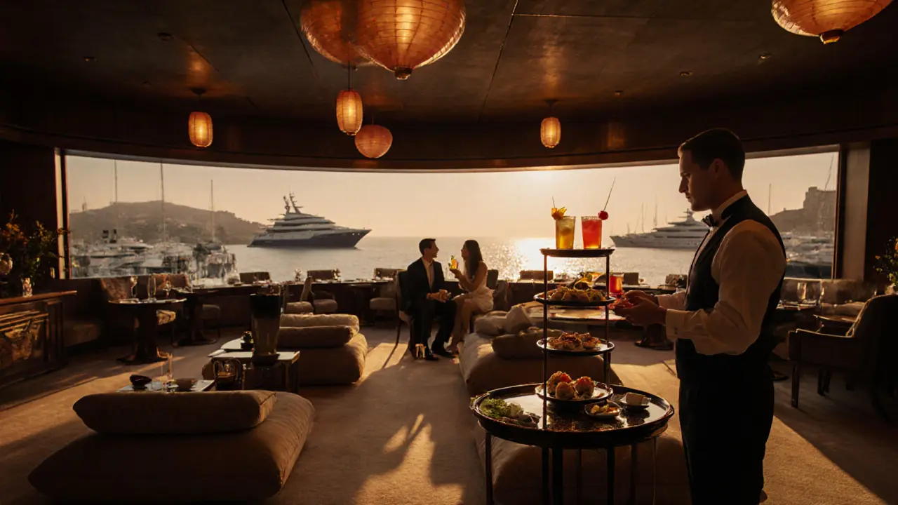 Elegant Buddha‑Bar lounge with panoramic harbor view, lantern lighting, and cocktail service.