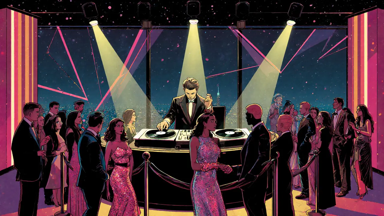 Elegant nightclub scene with a crowd dancing under bright spotlights and neon glow.