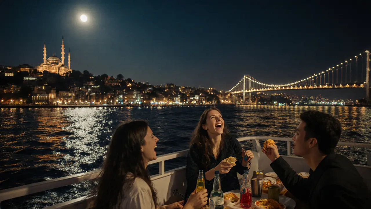 Ferry at midnight on the Bosphorus with locals singing, city lights reflecting on dark water.