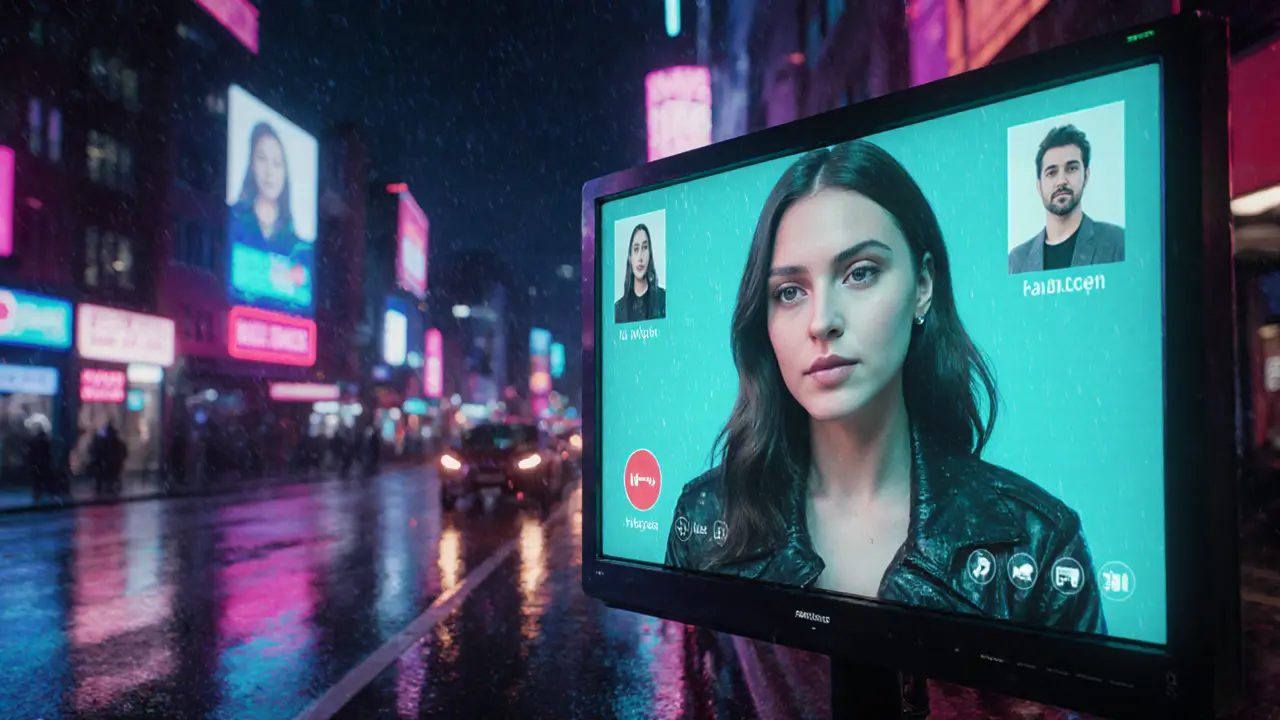 Futuristic night view of London with a holographic screen and a woman on video call.