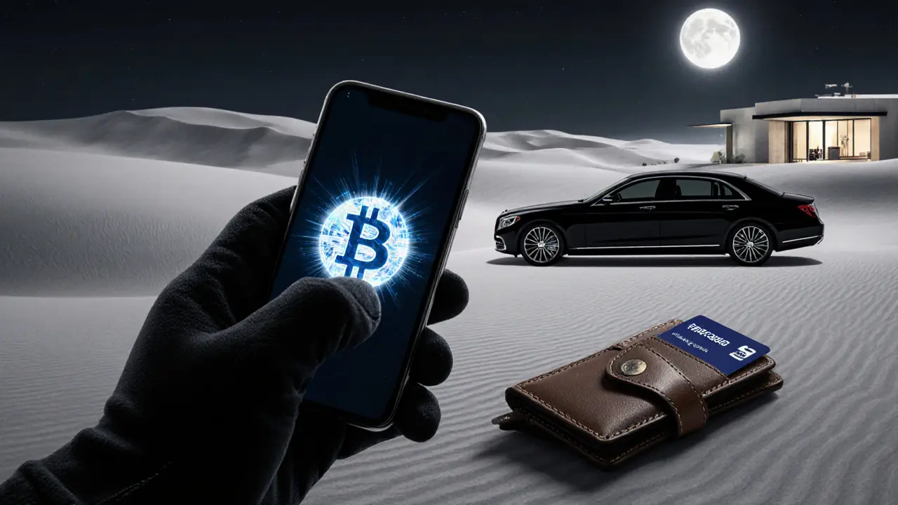 Hand holding a phone with crypto symbol and a luxury car arriving at a desert villa.