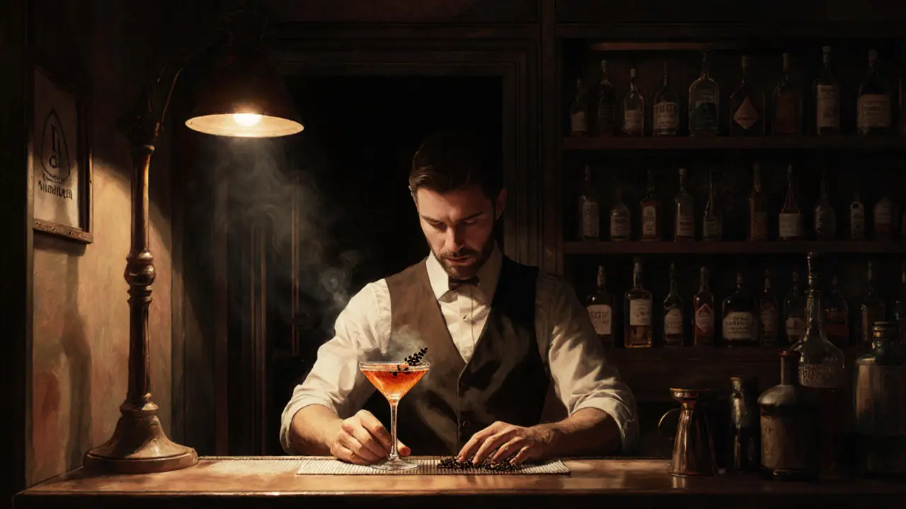 Hidden speakeasy bar with a bartender mixing a smoky cocktail in low, moody lighting.