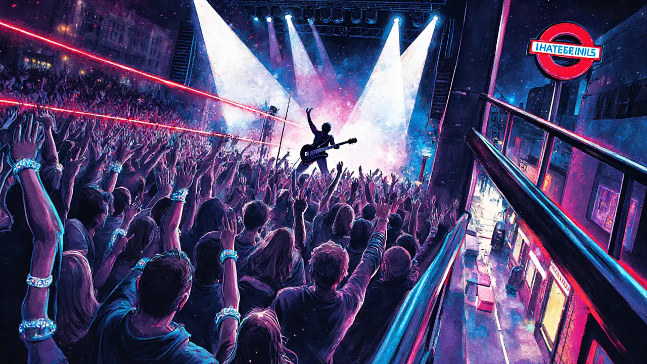 Illustrated view of a crowded arena concert at O2 Academy Brixton with vibrant lights.