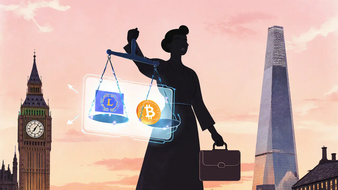 Illustration of an activist with justice scales, AI hologram and London skyline at dawn.