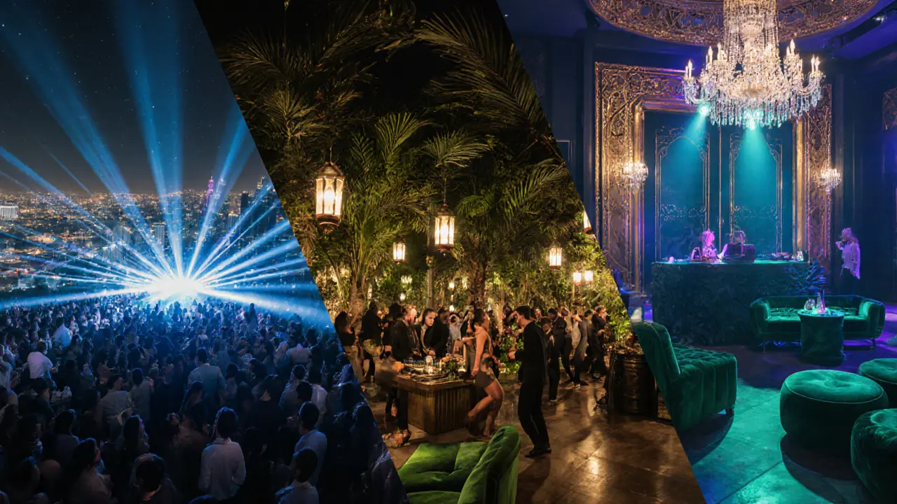 Interior collage of three Dubai clubs: rooftop dance floor, garden lounge, and luxurious gold‑leafed space.
