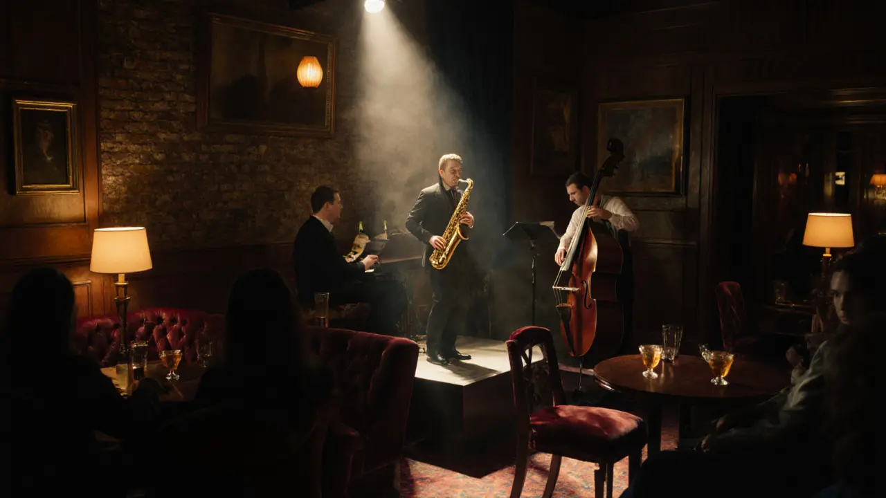Interior of a dim jazz club with a saxophonist on stage and patrons enjoying drinks.