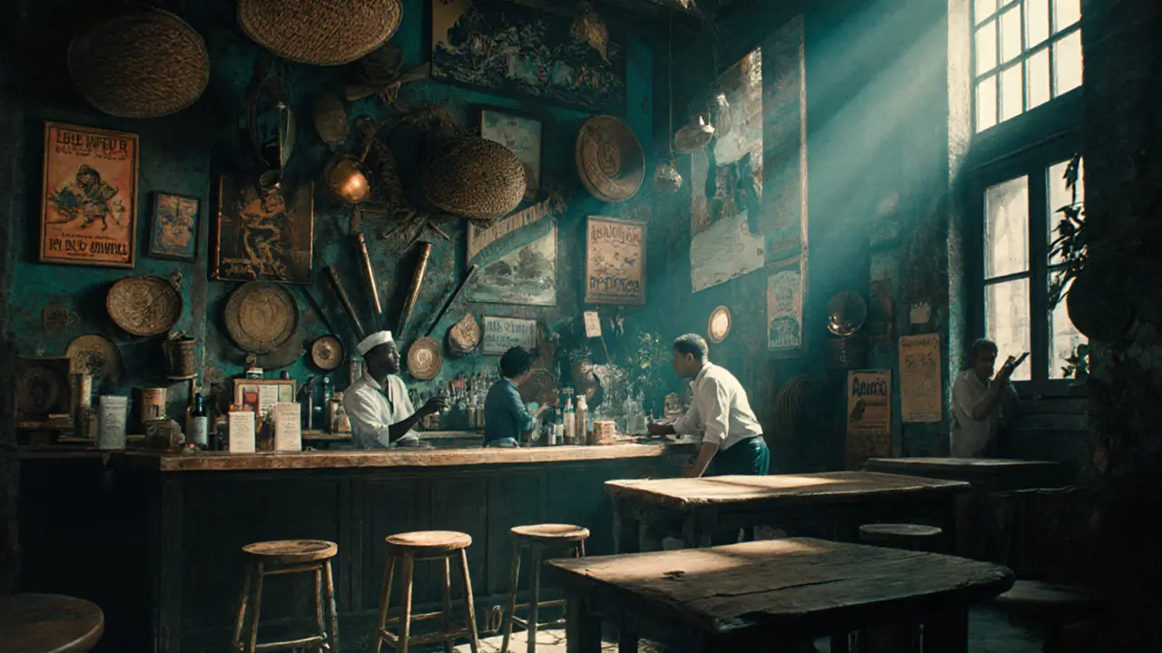 Interior of Le Comptoir Général speakeasy with Afro‑Caribbean décor and bartender.