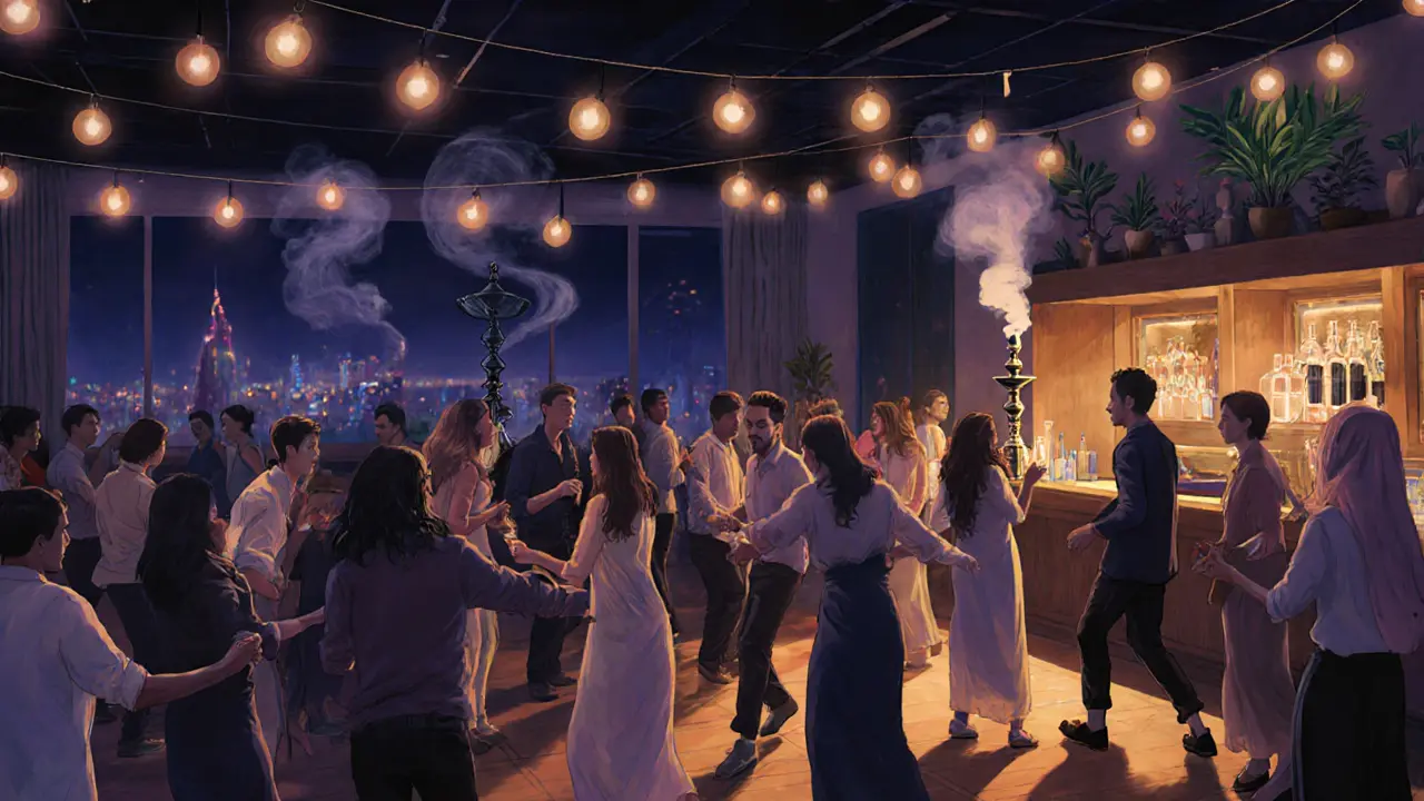 Intimate nightclub with diverse crowd dancing under string lights, shisha smoking in corner.