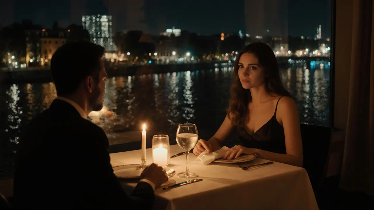 Intimate restaurant scene with an escort and client chatting over candlelight by the Spree River.