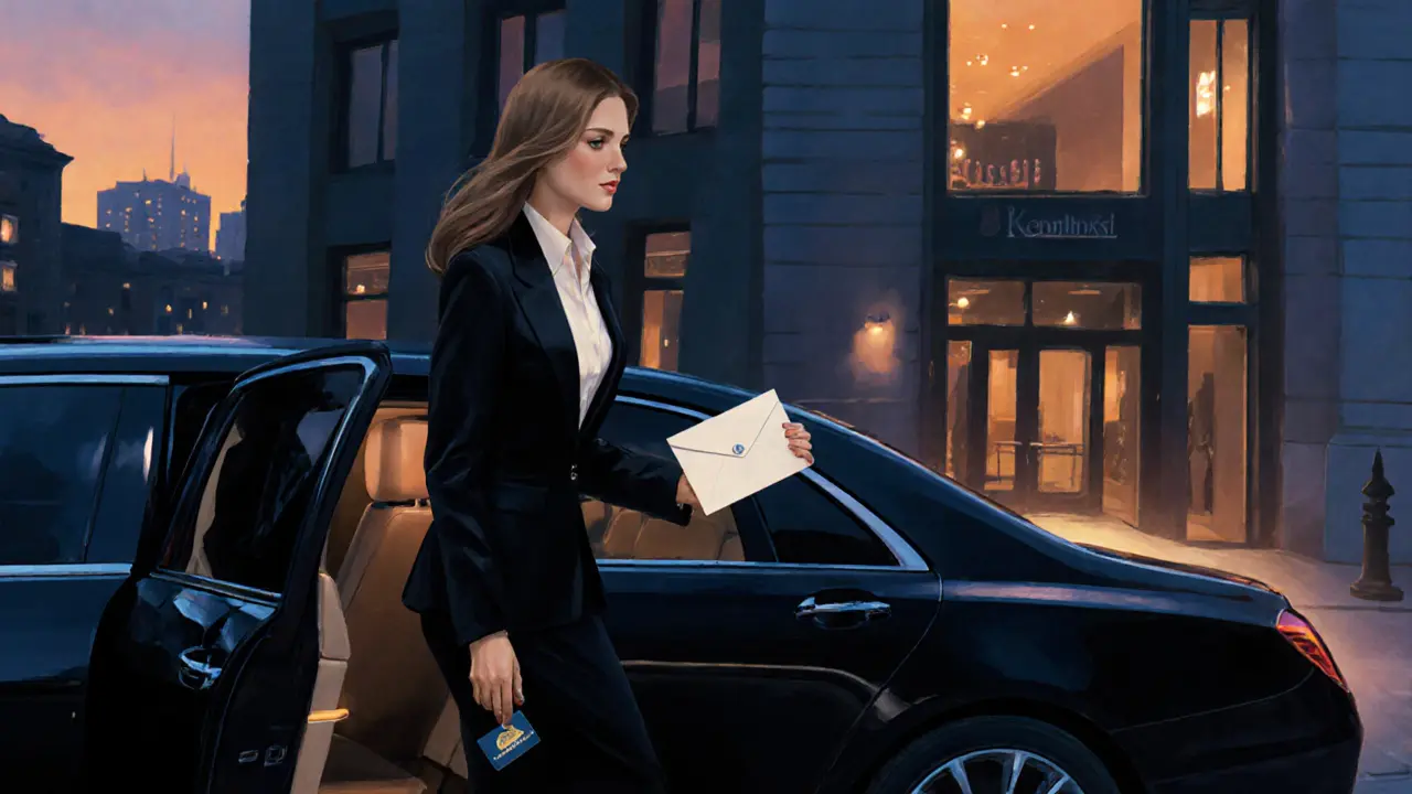 Isabella exiting a limousine at the Adlon Kempinski at twilight.
