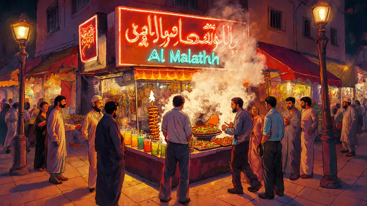 Late‑night street food stall in Satwa serving shawarma under neon lights.