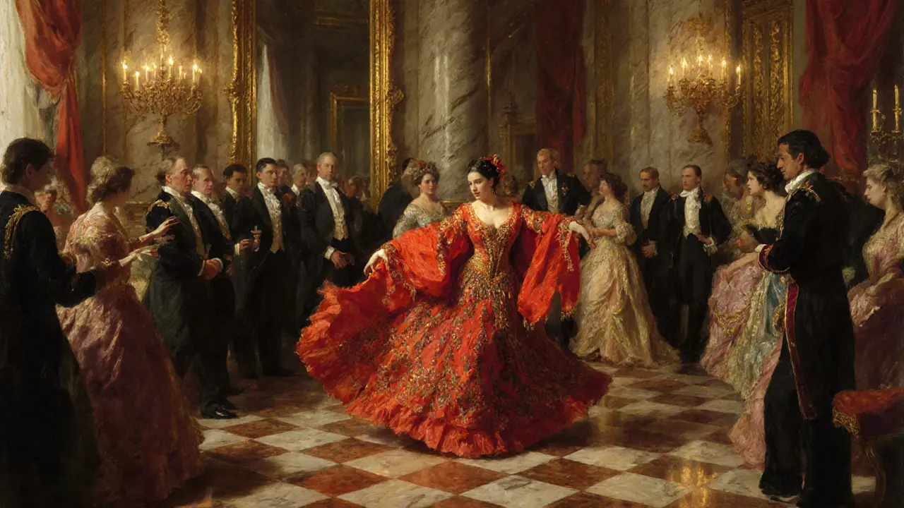 Lola Montez performing a dance in a lavish 1840s Berlin ballroom.