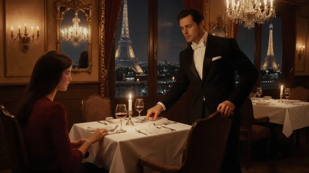 Man pulling out a chair for his companion at a candlelit Paris restaurant table with wine.