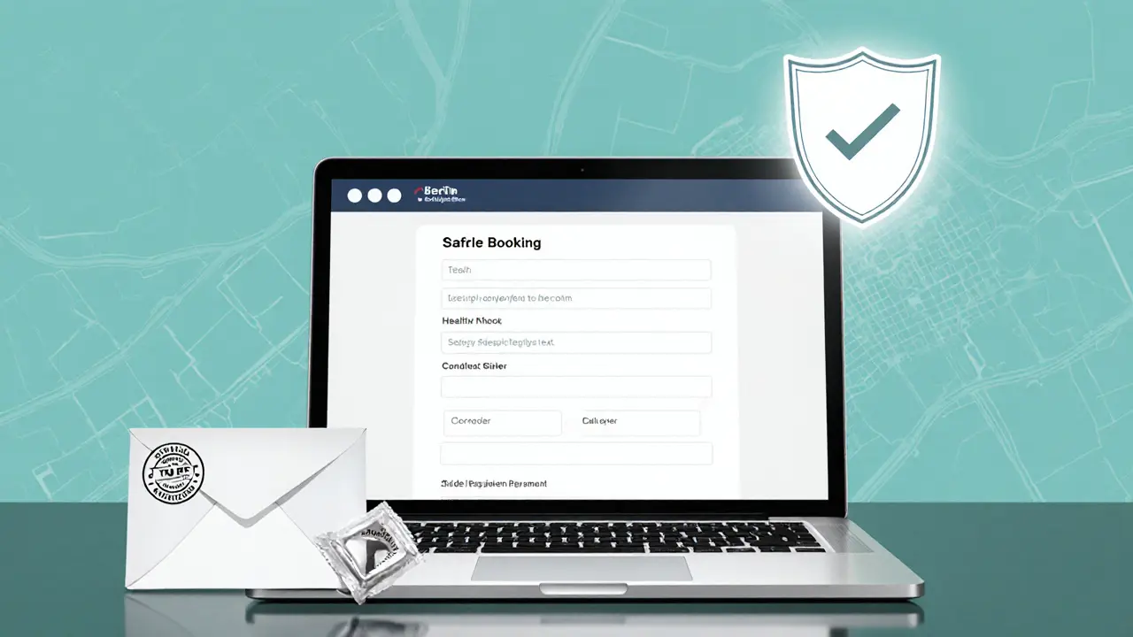 Modern illustration of a laptop booking form, health check envelope, and secure payment icon.