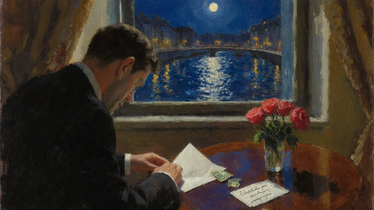 Night scene of a man leaving an envelope and thank‑you note on a table by a window overlooking the Seine.