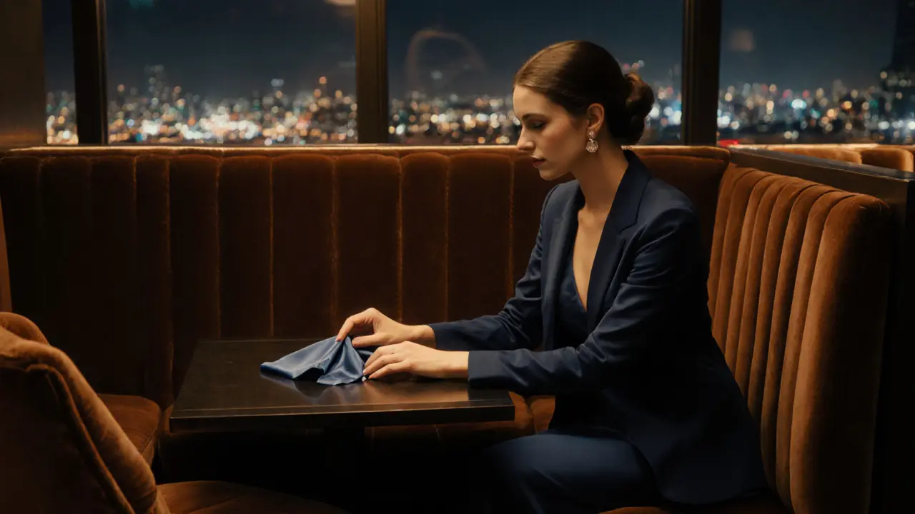 Private lounge booth with a companion sharing a discreet farewell.