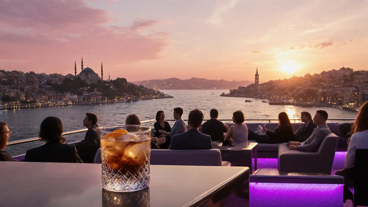 Rooftop bar at sunset overlooking the Bosphorus, cocktail in foreground and city skyline.