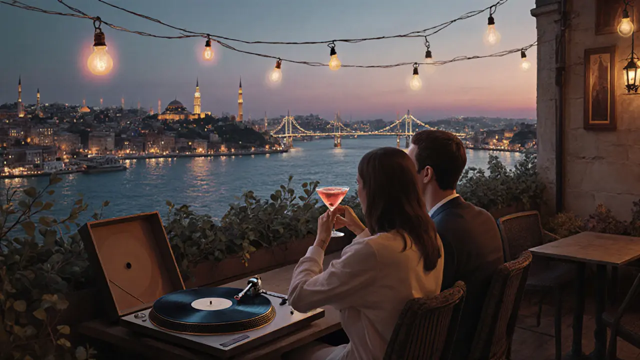 Rooftop bar at twilight with city lights and vinyl records, couple drinking Turkish tea martinis.