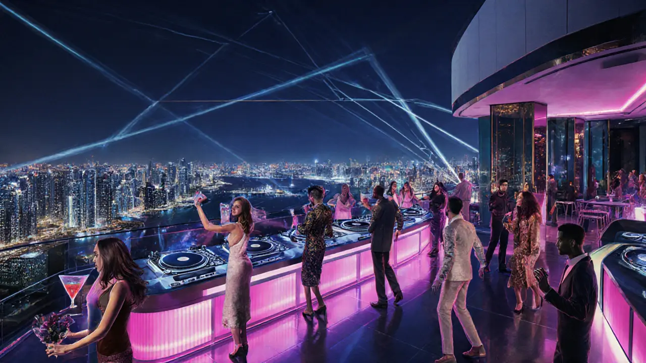 Rooftop club scene at White Dubai with dancers, DJ, and city lights.