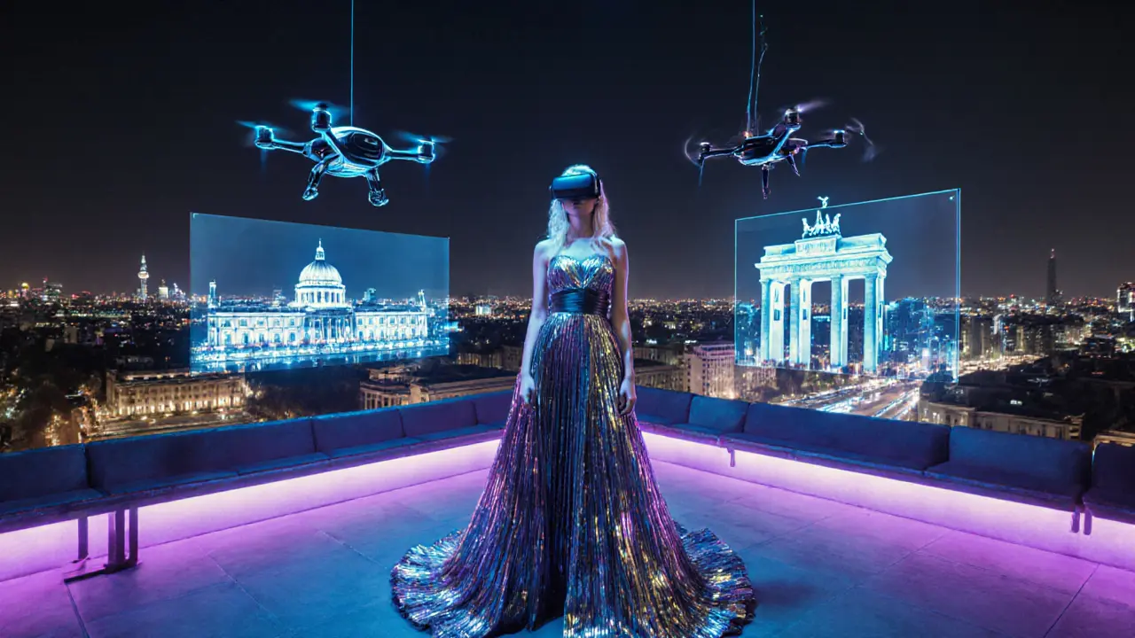 Sophia 'Pixel' Klein in a futuristic lounge with AR holographic Berlin scenes.
