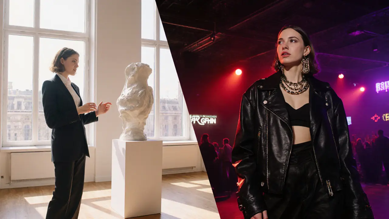 Split scene of Isabella in an art gallery by day and a techno club by night.
