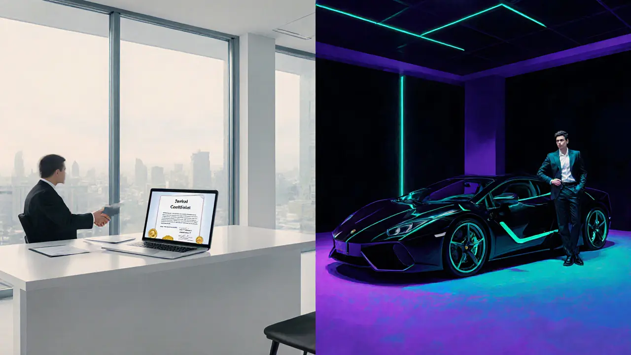 Split scene showing an agency office with contracts and a lounge with an escort by a sports car.