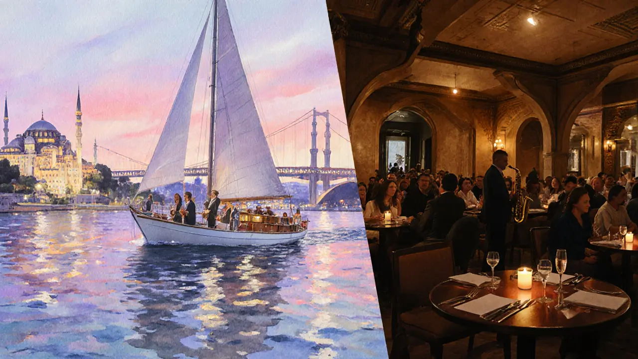 Sunset cruise on the Bosphorus with historic landmarks, followed by an intimate jazz club interior.