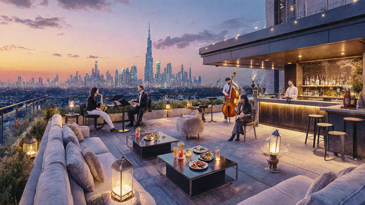 Sunset rooftop bar with live jazz, cocktails, and city lights transitioning to night.