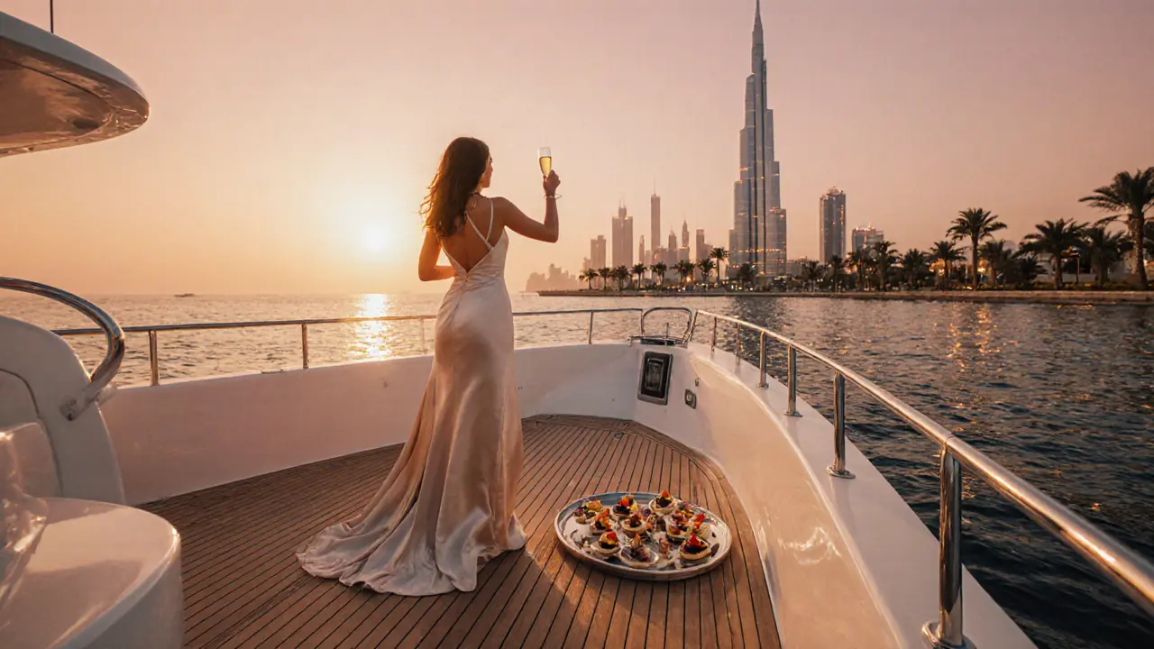 Sunset yacht cruise with a companion, champagne, and Dubai skyline.