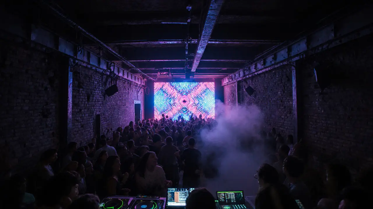 Underground Tunnel Club with neon lights, DJ booth, and dancing crowd.