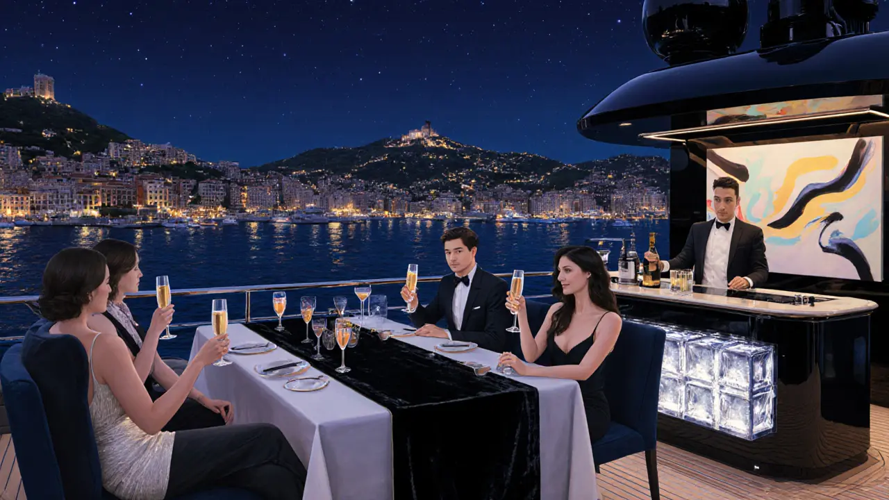 VIP guests on a private yacht enjoying champagne and custom cocktails under night sky.