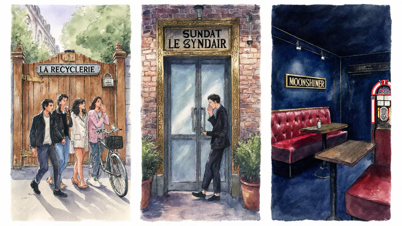 Watercolor collage of a night itinerary through La Recyclerie, Le Syndicat, and Moonshiner.