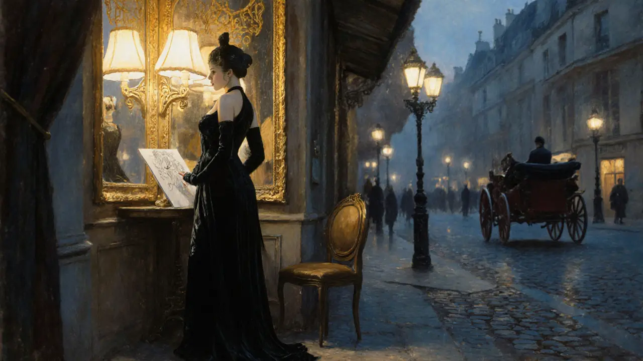 A 19th-century courtesan by a lamplit window in the Marais, being sketched by an artist.