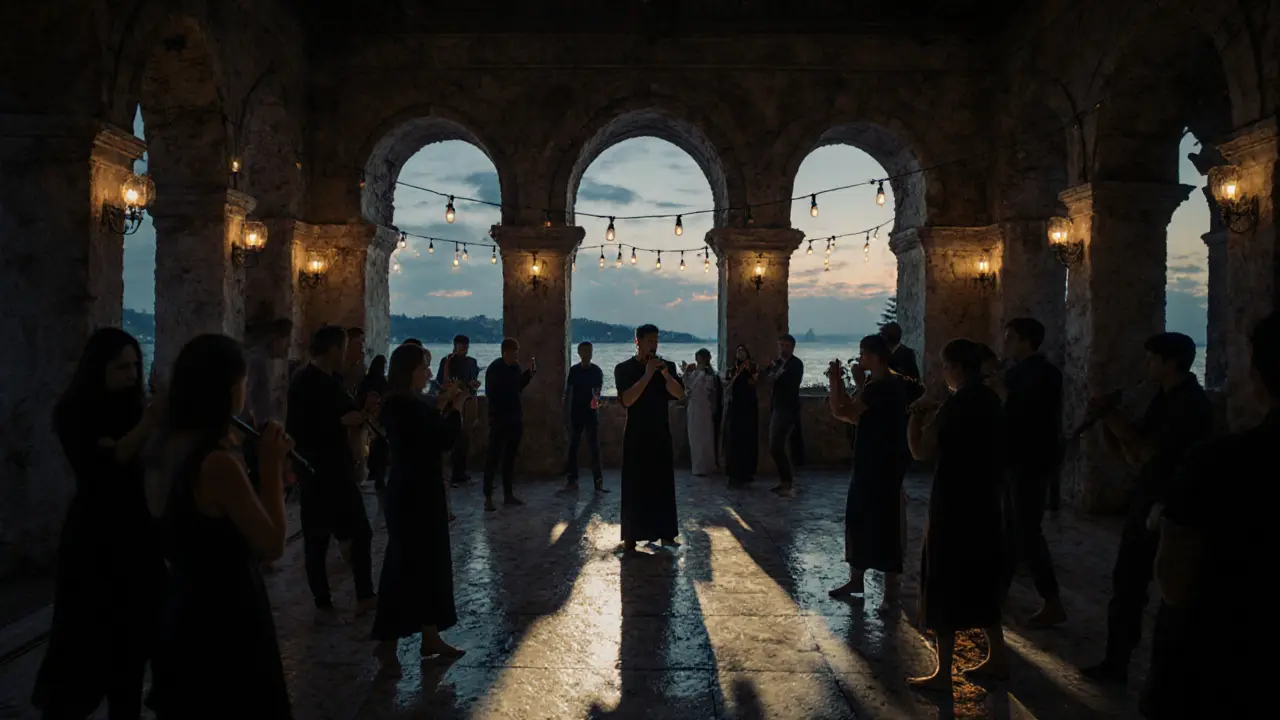 A candlelit bathhouse venue with live ney music and shadow projections, crowd swaying barefoot.