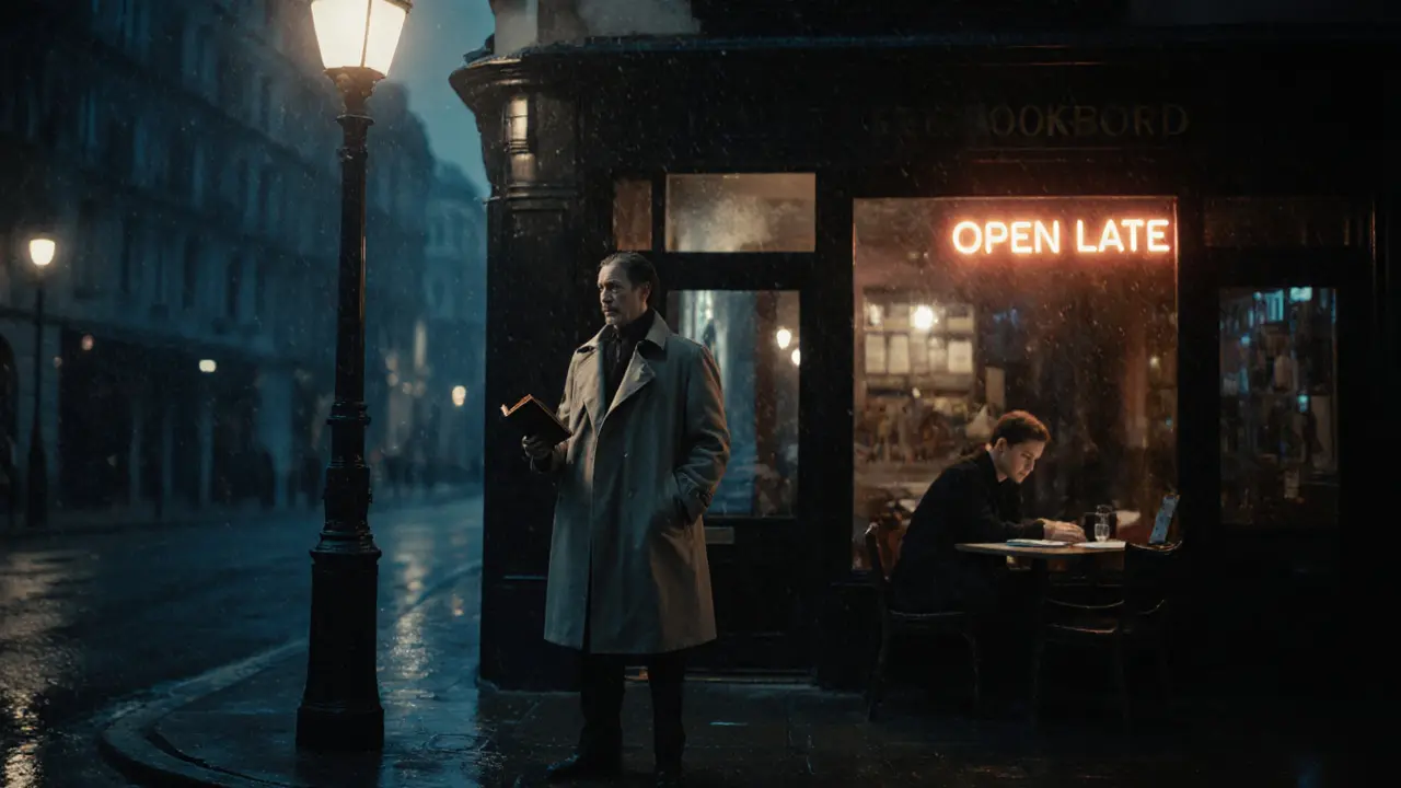 A companion stands alone under a lamppost outside a restaurant at night, while a client looks out the window with calm expression.