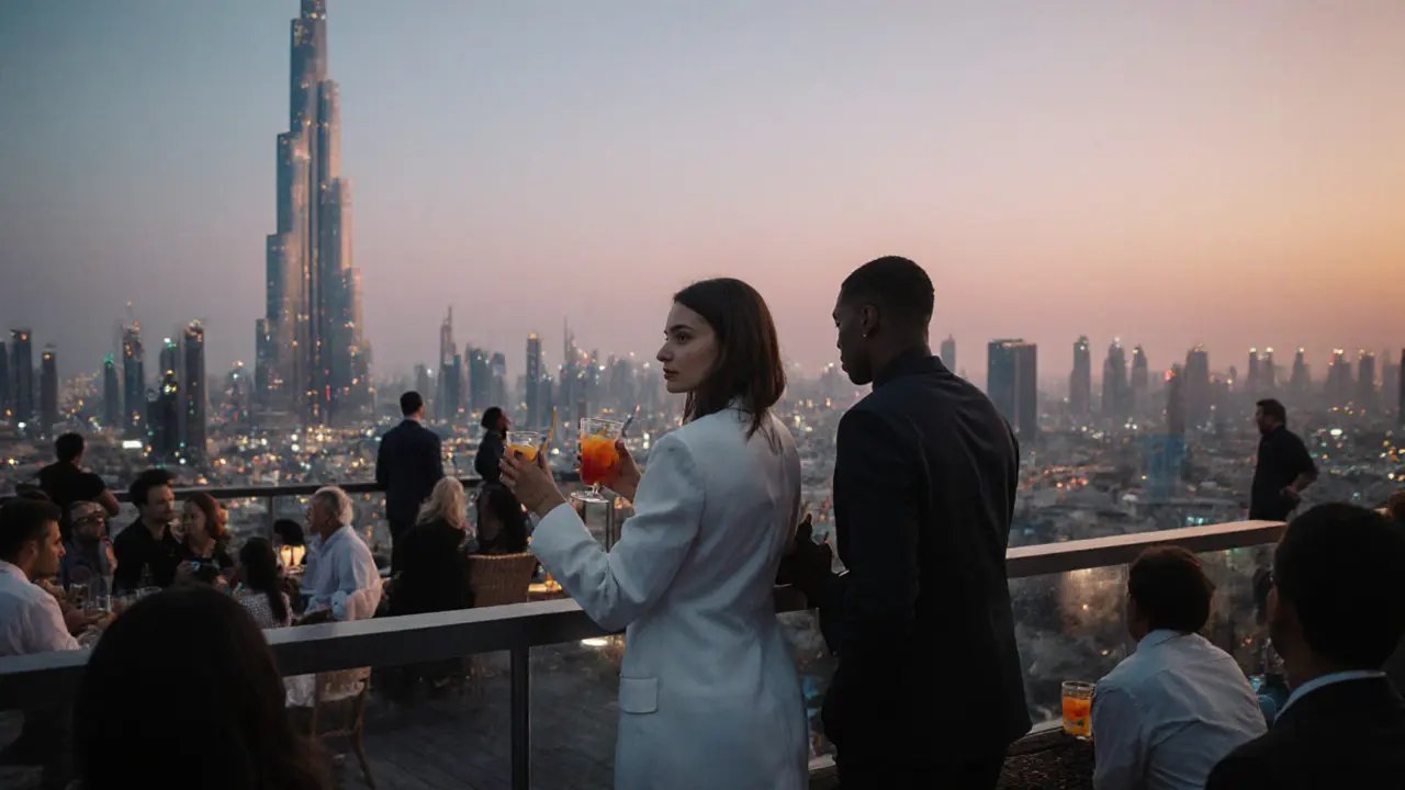 A couple enjoying the Dubai skyline from a rooftop bar, no signs but quiet acceptance in the air.