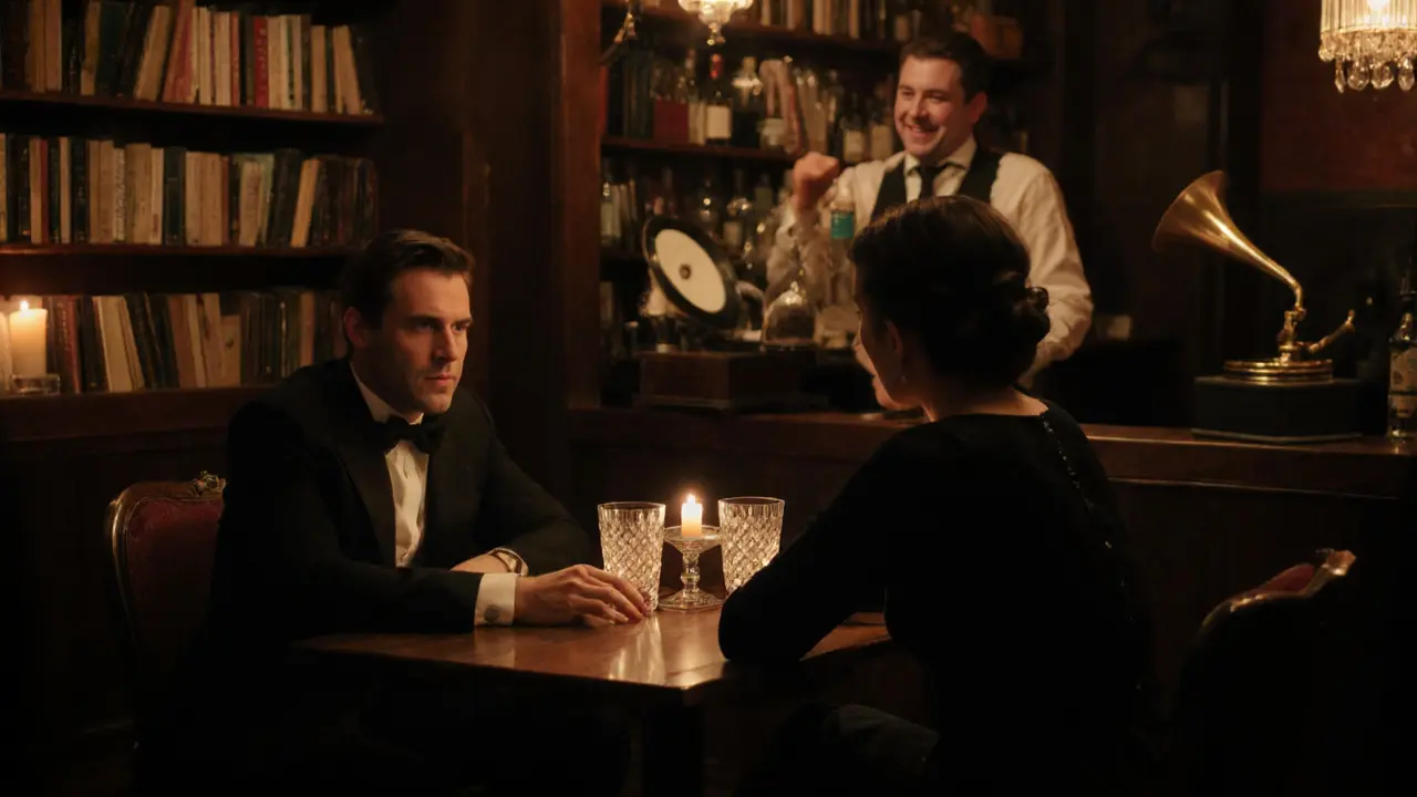 A couple enjoys a quiet moment in a hidden Berlin speakeasy, candlelight and jazz creating an intimate ambiance.