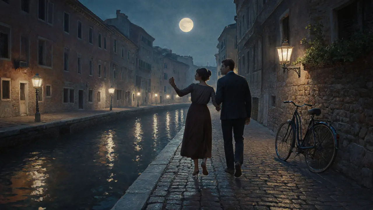 A couple walking by a canal in Naviglio at night, soft lantern lights, companionship without intimacy.