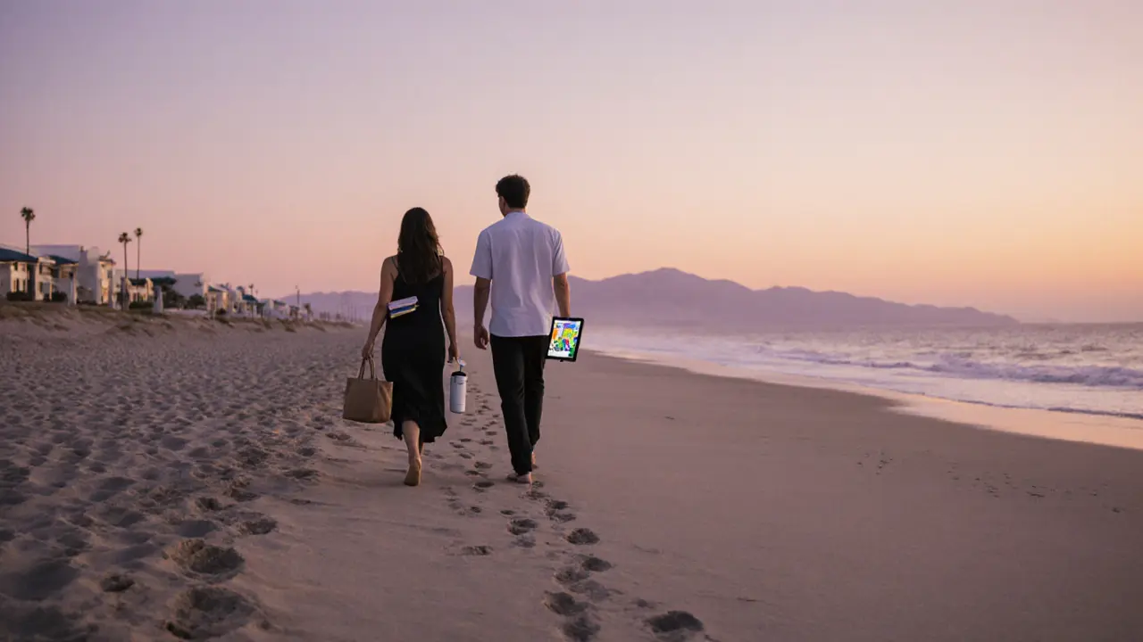 A couple walks peacefully along a secluded desert beach at sunrise.