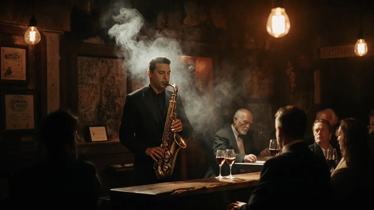 A dimly lit jazz basement with musicians playing, smoke in the air, patrons enjoying wine in quiet intimacy.